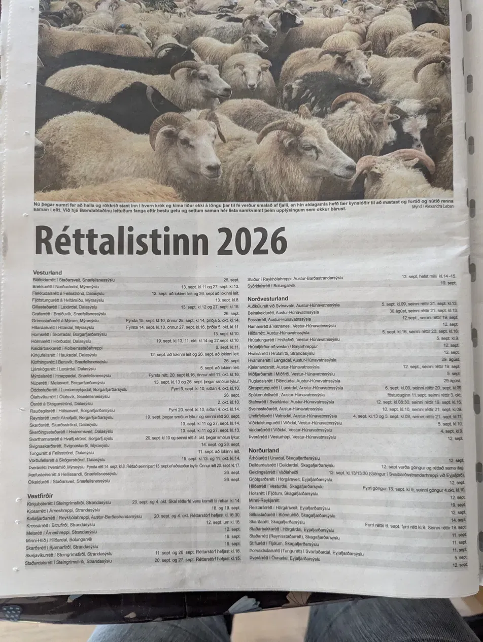 Page one of the Bændablaðið réttalisti, 27 August 2026, as I photographed it