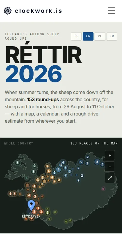 Réttir 2026 on a phone, with the map and filters for choosing a round-up